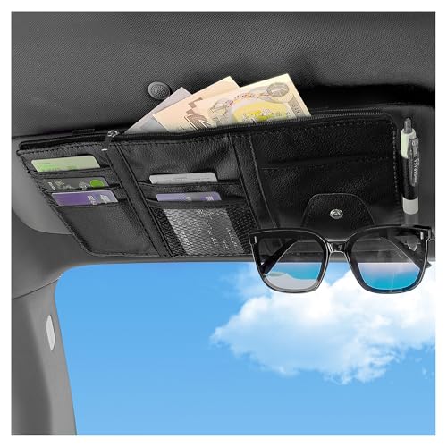 OFBAND Car Visor Organizer with Sunglass Holder Multi-Functional Car Sun Visor Organizer with Zipper for Cards Money Tickets Leather Interior Accessories (Black)