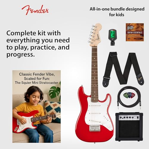 Image of Fender Squier 3 /4-Size Kids Mini Strat Electric Guitar - Red Bundle with Amplifier, Instrument Cable, Tuner, Strap, Picks, and Austin Bazaar Instructional DVD