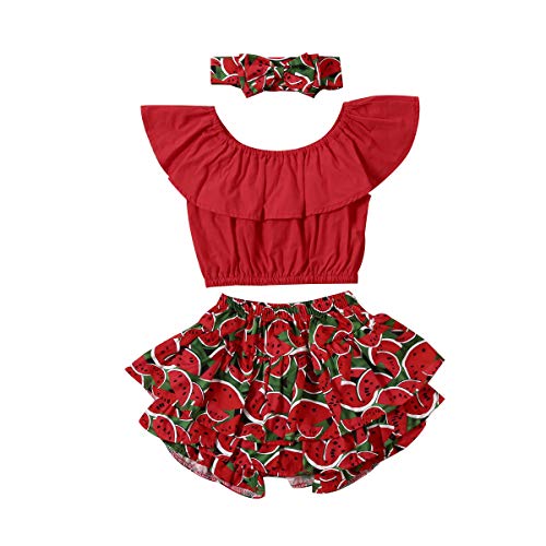 Toddler Baby Girls Summer Shorts Sets Off Shoulder Ruffle Top Watermelon Floral Shorts 3Pcs Outfits (Red Top+Watermelon Print Shorts,5-6T)