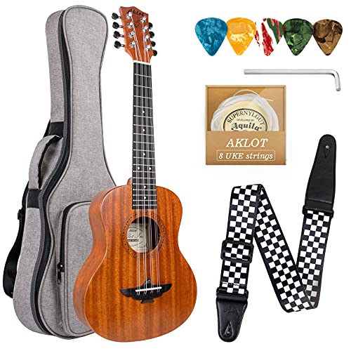 AKLOT 8 Strings Ukulele,Tenor Ukelele 26 inch Solid Mahogany Uke with Gig Bag Belt Extra Strings for Professionals For 14+