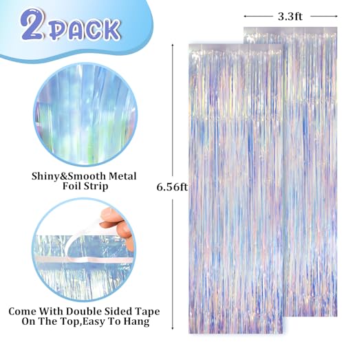 Image of Voircoloria 2 Pack Iridescent Foil Fringe Curtains, Holographic Tinsel Streamers Birthday Party Decorations, Fringe Backdrop for Kids Birthday, Baby Shower, Anniversary, Engagement Themes Party