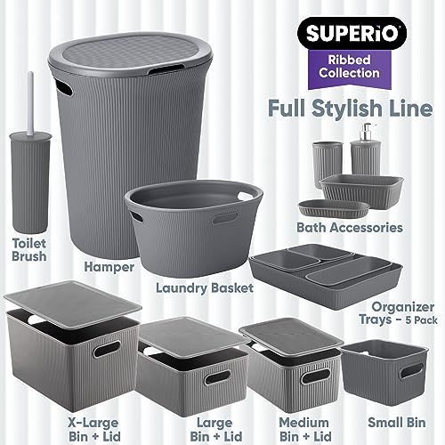 Image of Superio Ribbed Collection - Decorative Plastic Laundry Basket with Cut-Out Handles, Grey (2 Pack) Hamper Organzier for Bedroom Bathroom College Dorm Room 35 Liter