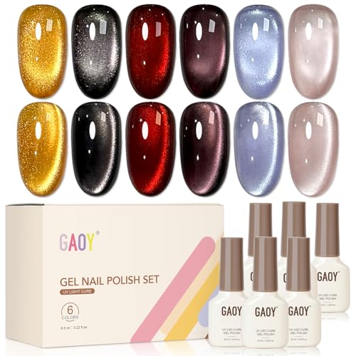 GAOY Cat Eye Gel Nail Polish Set with Magnet 6 Colors Gold Red Black Glitter Gel Holography Long Lasting for Nail Art at Home & Salon Manicure