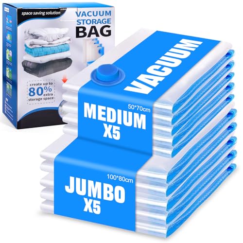 BUOAZR Bolsas de Vacío Ropa 10 Piezas 5XL 100x80cm + 5M 70x50cm, Bolsas de Almacenaje al Vacío, Ahorra Espacio para Guardar Ropa, Edredones, Almohadas, Mantas
