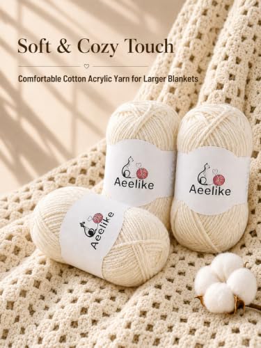 Image of Aeelike Size 3 DK Cotton Blend Yarn for Crocheting, Cream Beige, 6-Skein | Each Skein 100g, One Dye Lot, 5-Ply Stitch Control, 1440 Yds Total, Larger Projects, Machine Washable