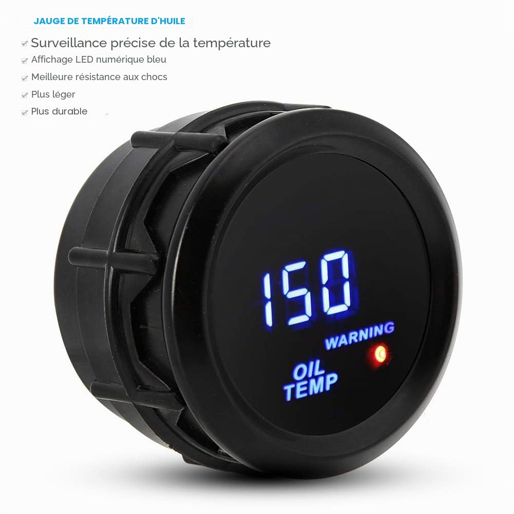 Manometre Temperature D'Huile,reloj temperatura aceite,Jauge de température d'huile, thermomètre à huile de 52mm avec teur 40~150 ℃ jauge de température à LED bleue Affichage numérique de la jauge de