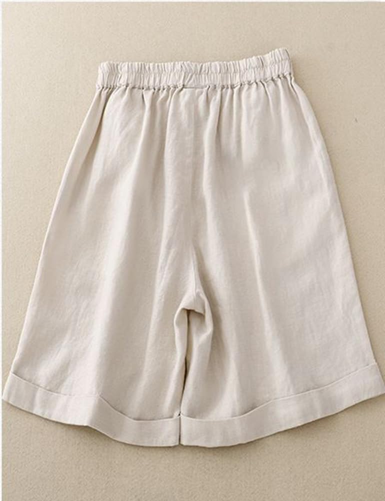 Kinghua Linen Shorts for Women Spring Summer Casual Elastic High Waisted Pleated Bermuda Dressy Wide Leg Shorts with Pockets