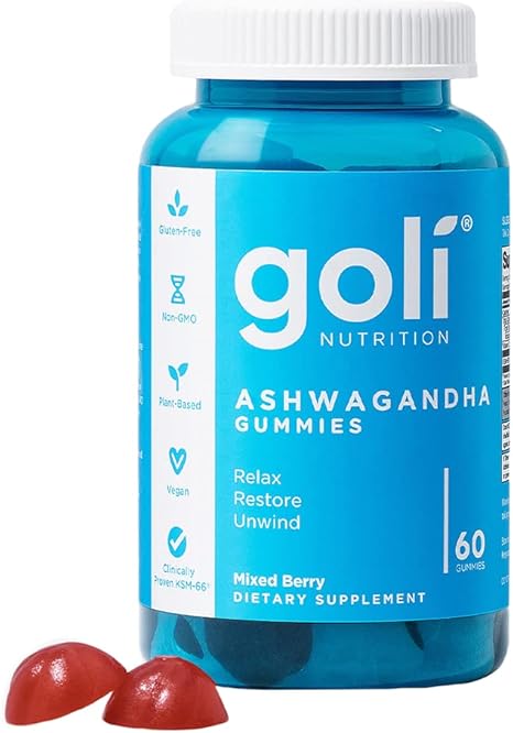 Goli Ashwagandha & Vitamin D Gummy - 60 Count - Mixed Berry, KSM-66, Vegan, Plant Based, Non-GMO, Gluten-Free & Gelatin Free Relax. Restore. Unwind, Pack of 1