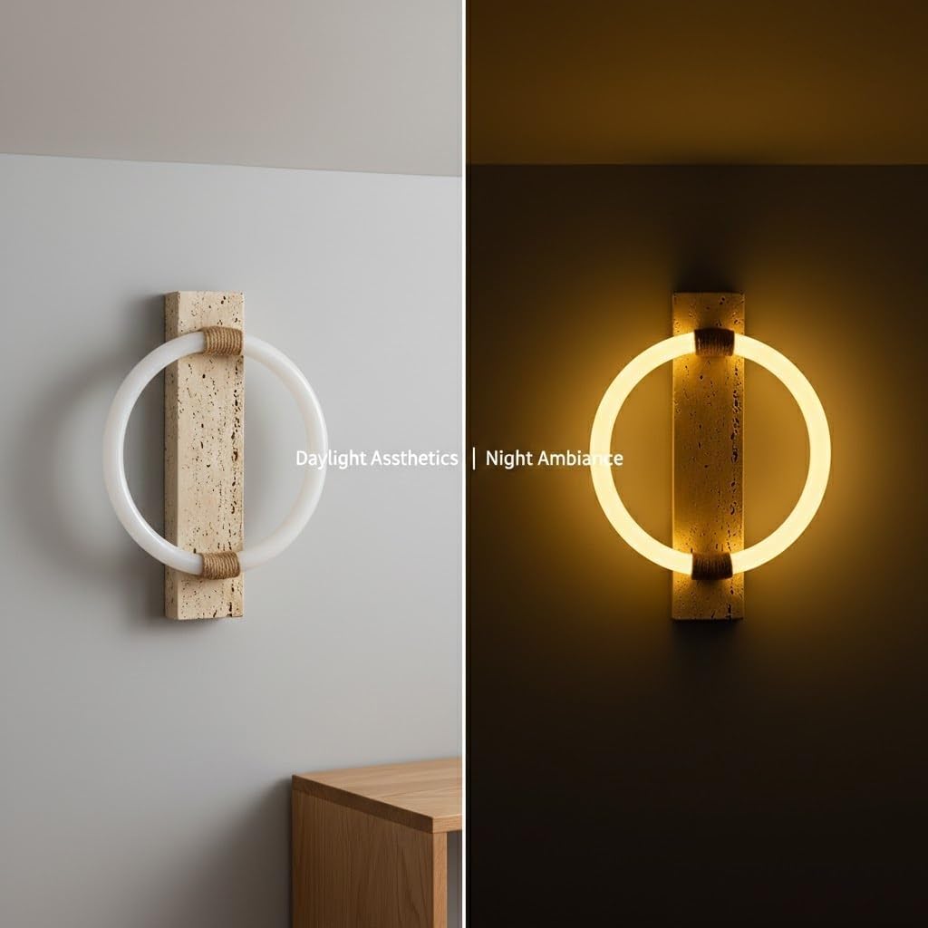 Wall Sconce, Travertine Ring Wall Light, Acrylic LED Wall Lamp with Rope Detail for Bedroom, Hallway, Living Room, Entryway, Corridor, Minimal Stone Fixture, Apartment Loft Home Parlor