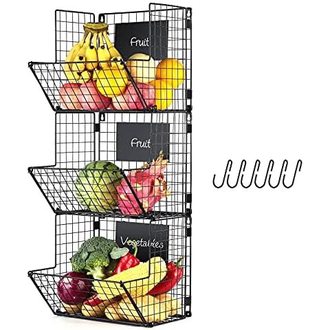 Epicano Metal Wire Basket Wall Mount,3-Tier Hanging Basket Fruit organizer with Removable Hooks Chalkboards, Rustic Fruit Vegetable Storage Bins for Kitchen Counter, Garage Or Bathroom(black) Cover