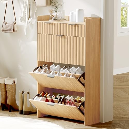 GarveeHome Wave Design Shoe Cabinet with 3 Slip Drawers, 2 Drawers, Raised Edges, Fluted Shoe Cabinet, Slim Hidden Shoe Organizer, Wooden Shoe Storage for Entryway, Front Door, Living Room,