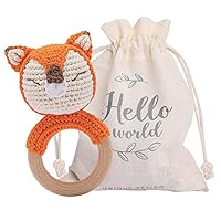 Youuys Baby Rattle Wooden Crochet Animals Grasping Toy with Sound - Handmade Rattle for Newborn Baby Gift Boy and Girl (Fox)