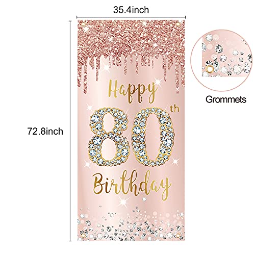 Image of 80th Birthday Door Banner Decorations for Women, Pink Rose Gold Happy 80th Birthday Door Cover Backdrop Party Supplies, Large 80 Year Old Birthday Poster Sign Decor
