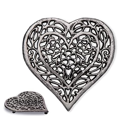 Tripé de coração de ferro fundido | Tripé decorativo de ferro fundido para bancada de cozinha ou mesa de jantar | Design vintage | 16,75 x 16,5 cm | com pinos de borracha - metal reciclado | prata com preto