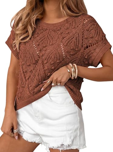 Image of Cakulo Womens Crochet Crop Tops 2026 Summer Short Sleeve Hollow Out Boho Sweater Beach Vacation Cruise Resort Wear