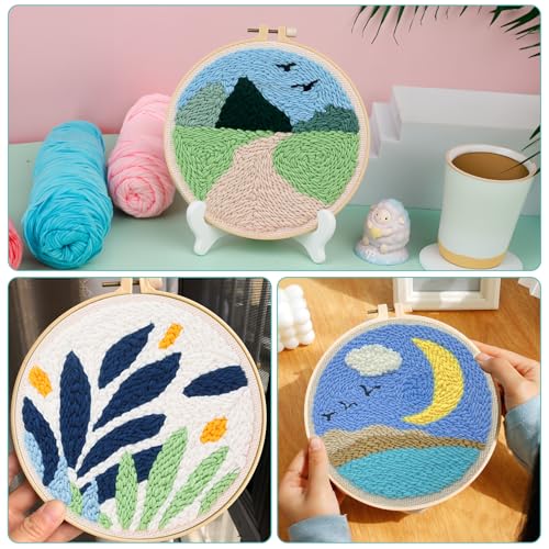 Image of Zuaooz 3 Sets Punch Needle Kits,Leaf Path Moon Punch Embroidery Kits for Adults Beginner, Tool with Punch Needle Fabric, Hoops, Yarns and Sewing Needles