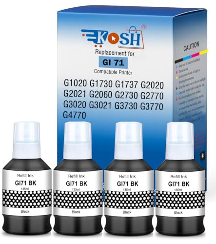 Image of KOSH GI-71 Refill Ink Compatible for Canon G1020,G2020,G2021,G2060,G3020,G3021,G3060 Printers (4, Black Pack of 4)