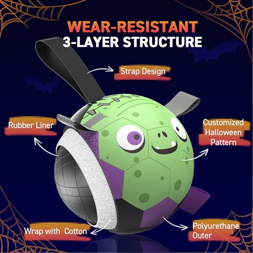 Image of QDAN Halloween Dog Toys, Dog Soccer Balls with Straps, Outdoor Dog Toys | Dog Balls, Herding Balls Toys for Small Medium Dogs, Puppy Pet Birthday Gifts, 6 Inch Purple Green