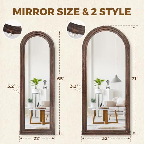 Image of 71x32 Arched Full Length Mirror, Solid Wood 3 Layer Frame, Brown
