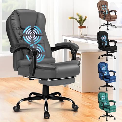 ALFORDSON Silla de Oficina ergonómica con Masaje, reposapiés y función de inclinación de 150°, Silla ejecutiva con elevación por Resorte de Gas, Silla giratoria para Juegos, Piel PU, Gris