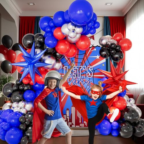 Image of CboDeco Spider Balloon Garland Arch Kit, 146PCS Red and Blue Balloons with Exploding Star Foil Balloons, Spider Theme Birthday Decorations for Boys, Party Decorations