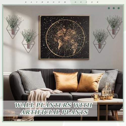 Image of Jexine 8 Pcs Hanging Planters with Artificial Eucalyptus Metal Hanging Vase Indoor Plants Holder Modern Geometric Boho Bathroom Wall Decor for Living Room Home Office, Bronze