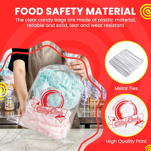Image of Clear Cotton Candy Bags with Ties, Bulk 100 Count, Great for Cotton Candy Sticks and Cones, Individual Bags for Stands and Accessories