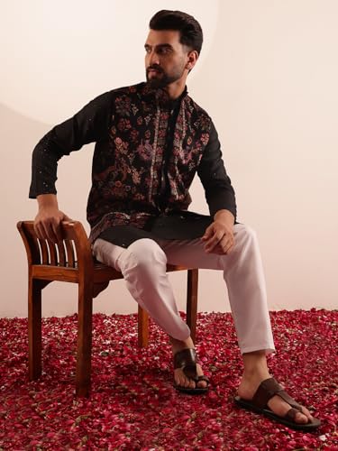 Image of SOJANYA Men's Silk Blend Black Kurta & White Pyjama With Velvet Paisley Design Nehru Jacket