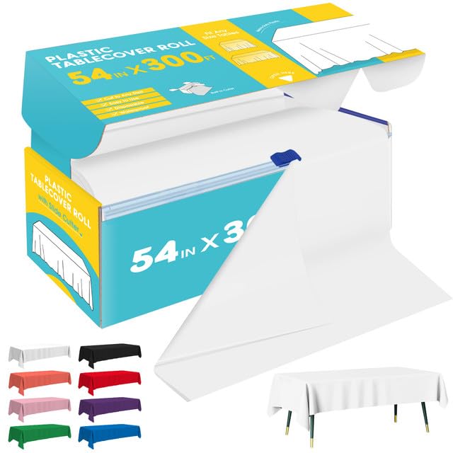 Image of Niuara White Plastic Table Cover Roll - 54IN x 300FT, Table Cloth for Rectangle Table with Slide Cutter, Plastic Table Cloth Disposable with Cut-to-Size Design for Weddings, Banquets, Parties