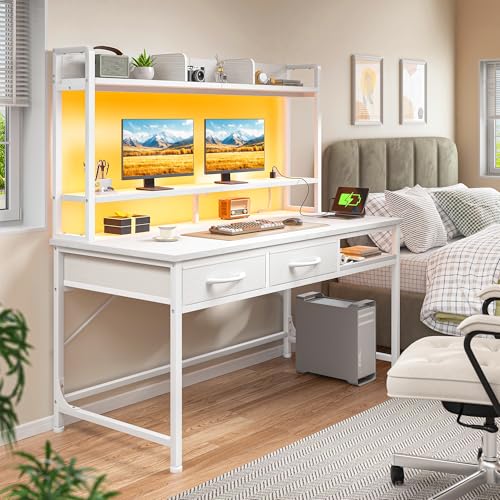 Image of DurayLoly 47.2 inch Gaming Desk with RGB LED and Power Outlet, Computer Desk with Hutch and Monitor Stand, Home Office Desk with Drawers and Shelves, Study Writing Desk Bedroom Dorm Small Space, White