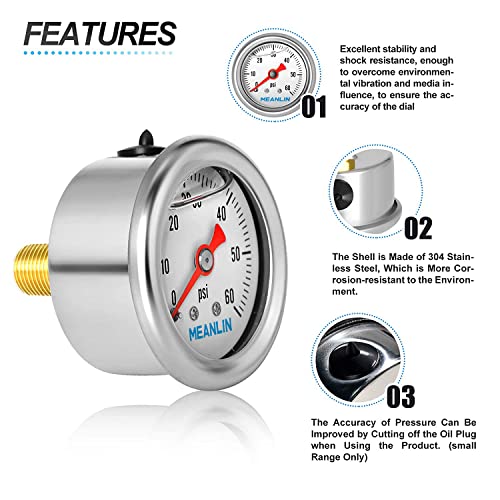Meanlin Measure 0~60Psi Stainless Steel 1/8" Npt 1.5" Face Dial, Glycerin Filled Fuel Pressure Gauge, Liquid Filled, Water Oil Gas, Back Mount, With 1/8" X 1/4" Npt And 1/8" X 3/8" Npt Hex Bushing #TOP4