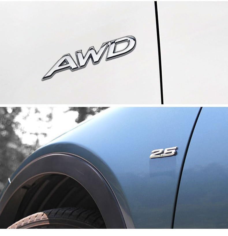Image of Set of 2 AWD and 2.5L Logo Emblem Tailgate Side 3D Metal Sticker Badge Car Decals - Chrome Finish Metal Emblem AWD and 2.5 L Badge Tailgate (Chrome)