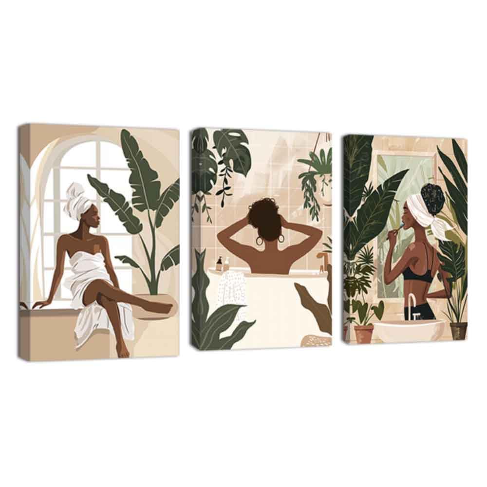 ZQQART Black Girl Canvas Wall Art Fashion African American Picture Prints Boho Black Woman Female Paintings Bathroom Home Wall Decor Framed(White,12.00"x16.00"x3Pcs)