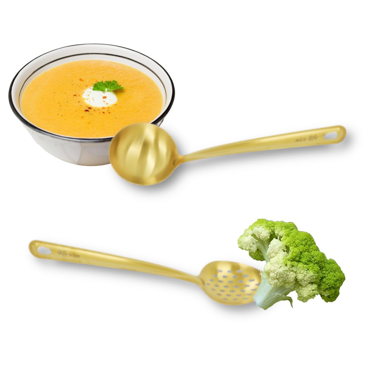 Lot de 6 ustensiles de cuisine en acier inoxydable - Comprend 1 louche à soupe, 2 spatules, 1 écumoire, 1 cuillère à spaghetti, 1 cuillère de service (doré)
