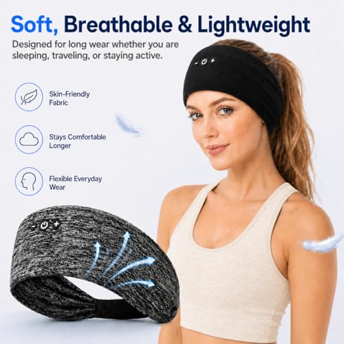 Bluetooth Headband Headphones for Sleeping & Sports – 2-Pack, Ultra-Thin Speakers, No Ear Pressure for Side Sleepers, Washable Headband, 12-Hour Battery, Works with All Bluetooth Device-Black&Gray — view 3