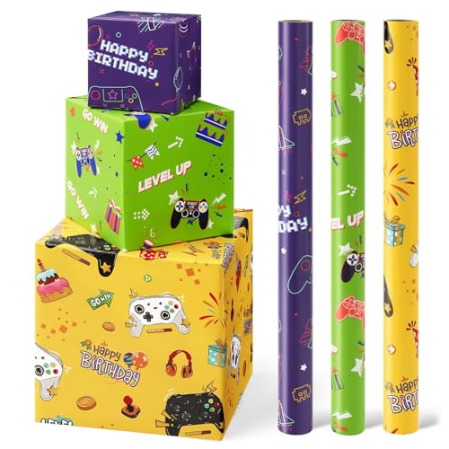 Rollos de Papel de Regalo para Juegos – 3 Rollos 43 cm x 3 m Papel de Regalo de Cumpleaños para Videojuegos para Niños Verde Amarillo con Líneas Cortadas