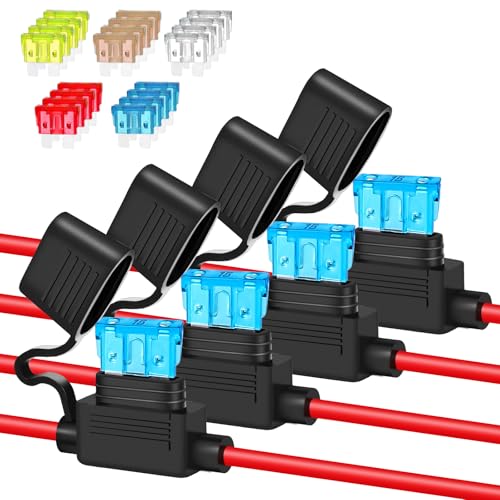Anyongora 4 Pack 14AWG Inline Fuse Holder, Waterproof Fuse Holder with 20 Pcs Standard Car Fuses, Kit with 20 ATC/ATO Blade Fuses, Upgraded in Line Fuses Holders 12v for Marine Auto