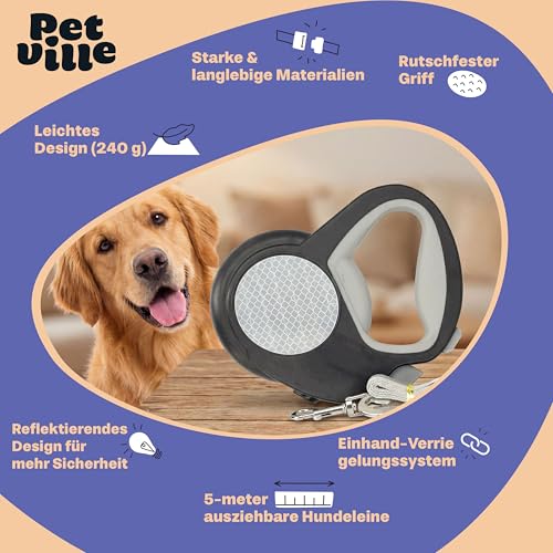 Pet Ville Reflektierende Hundeleine 5 Meter – Antirutsch Rollleine – Schleppleine für Hunde – Halsband Leine – Hundespielzeug – Ausführleine – 16x12x2 cm