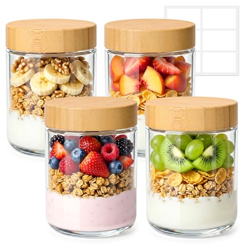 ComSaf Overnight Oats Gläser 4er Set 500ml Hochwertige Meal Prep Behälter Glas mit Bambusdeckel für Büro Frühstück Auslaufsichere Joghurtbecher Vorratsdosen für Trockenvorräte Natron-Kalk-Glas