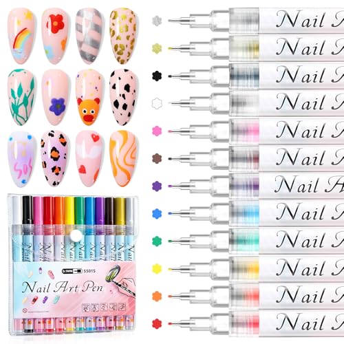 SAVILAND 12 Colors Nail Art Pens Set, 0.5mm Fine Tip Nail Polish Pens