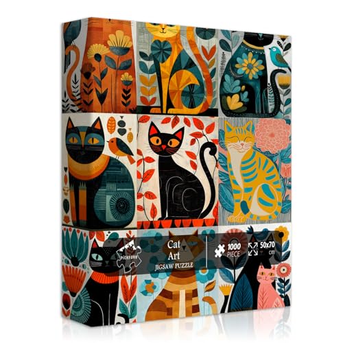 Cat Jigsaw Puzzle 1000 Pieces for Adults, Colorful Folk Art Kitten Puzzle, Modern Geometric Animal Jigsaw Puzzle, Kitty Wall Art Collage Puzzle Challenge