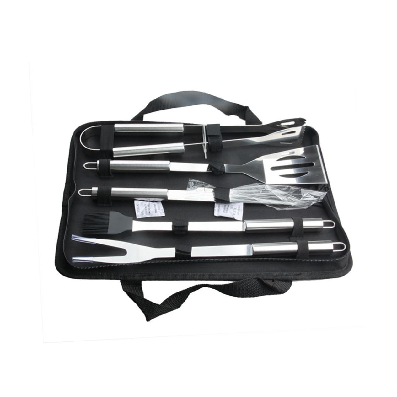 Set Utensili Barbecue in Acciaio Inox 5 Pezzi Nero | Custodia Oxford Inclusa, Spatola Pinza Forchetta Coltello Spazzola, Formato Compatto