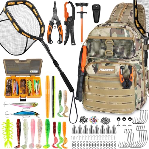 Image of PLUSINNO Fishing Backpack with Fishing Gear Fishing Net, Waterproof Tackle Backpack with Rod Holders, Tackle Box, Lures, Tools, Pliers & Accessories, Fish Gifts for Men
