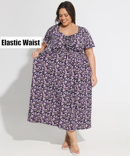 Image of CARCOS Plus Size Dresses for Curvy Women Tie Sweetheart Neck Summer Maxi Dress Short Sleeve Empire Waist Floral Boho Dress