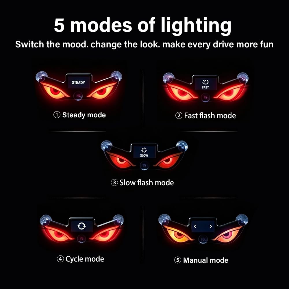 Solar Demon Eye LED Car Window Light, 2 Stück Dynamisches Dämon Augen LED Licht, Led Augen, USB-C Aufladbar Augenlicht für Windschutzscheibe mit 5 Beleuchtungsmodi, Blink und Atemmodus