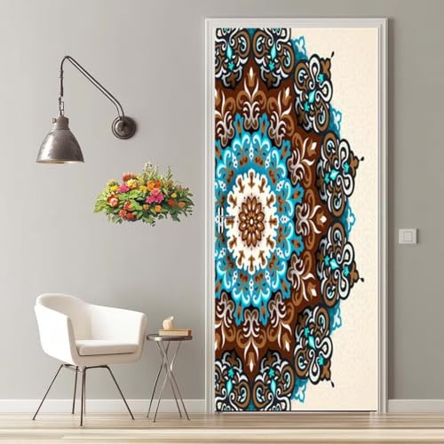 3D Bohemia Flor Vinilo para Puertas Autoadhesivo Impermeable Etiqueta de la Puerta Pegatina Mural Extraíble para Puertas Interiores para Cocina Sala de Baño Decorativos 90X200 cm -MT2311