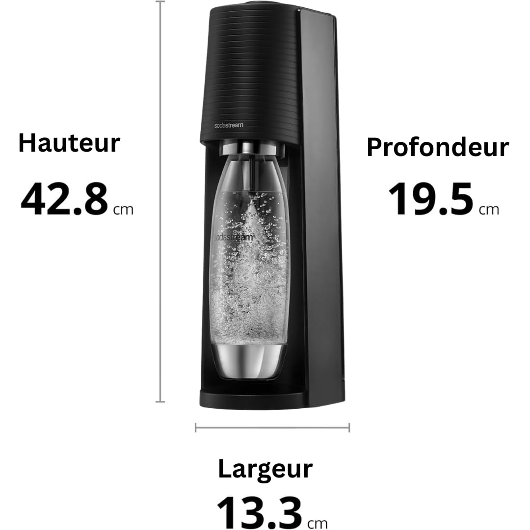 Sodastream Terra Machine à Eau Pétillante et Soda | Pack 1 Bouteille 1L Finition Acier Inoxydable Compatible Lave-Vaisselle + 1 Recharge de Gaz 60L à Clipser | Noire