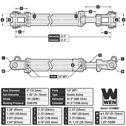 Image of WEN TR3016A 2500 PSI ASAE Tie Rod Hydraulic Cylinder with 3 in. Bore and 16 in. Stroke