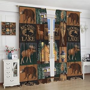 Retro Rustic Style Curtain Moose Deer Bear Leaf Tree Country Style Farmhouse Blackout Curtains for Living Room Kitchen Study Room Home Set 2 Panels42x63 Inches