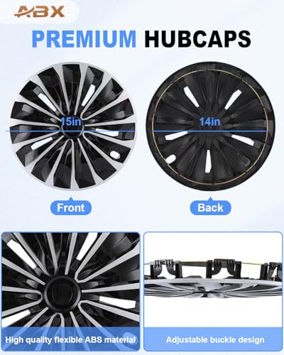 Image of ABX Hubcap Wheel Covers Hub Caps 15 Inch Set of 4 Black & Silver Universal Wheel Rim Cover R15 Stylish Car Decor Wheel Covers for Toyota Camry Nissan Mazda (TT Black & Silver, 15 inch)